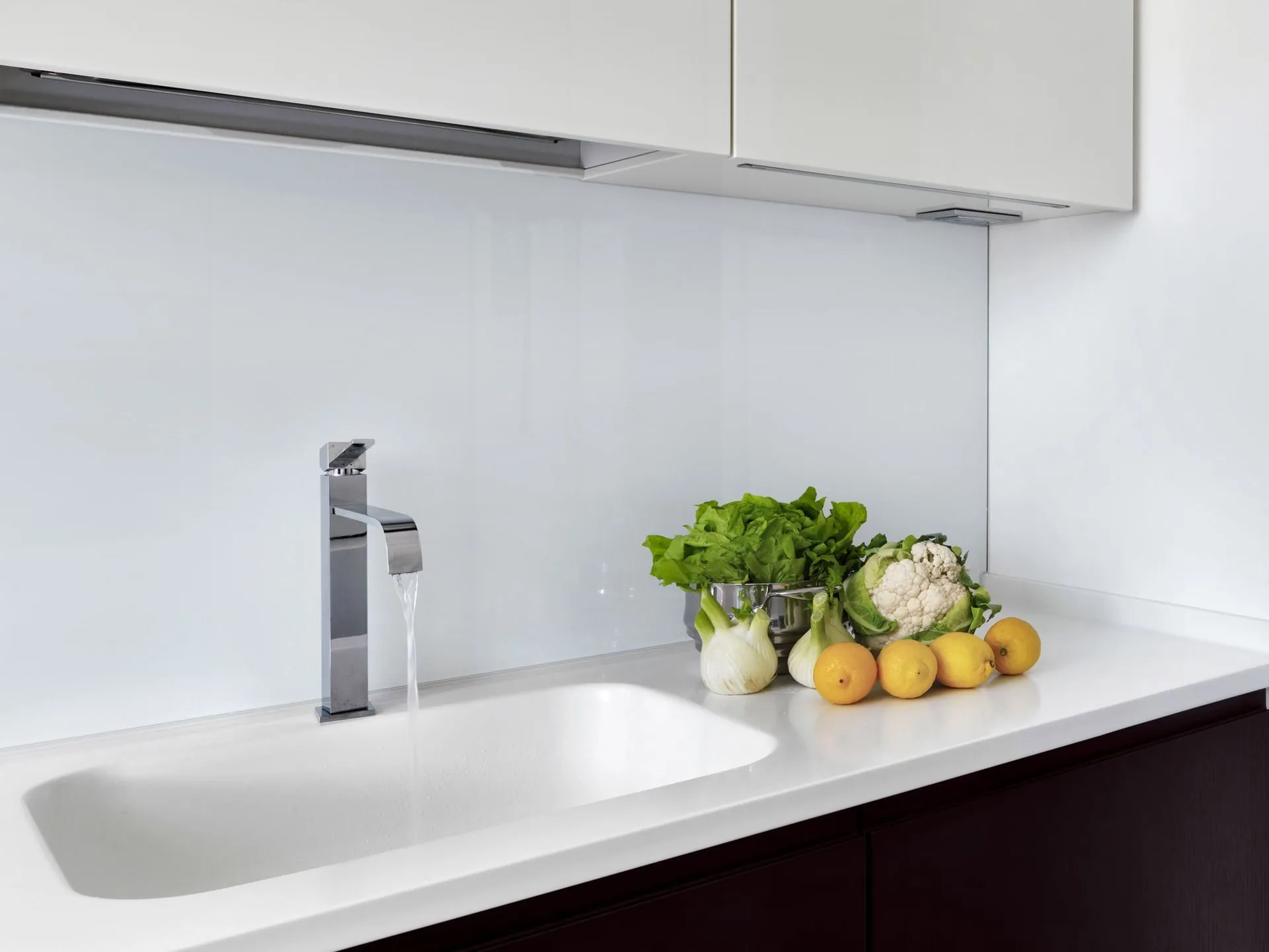 Colour-backed glass splashback